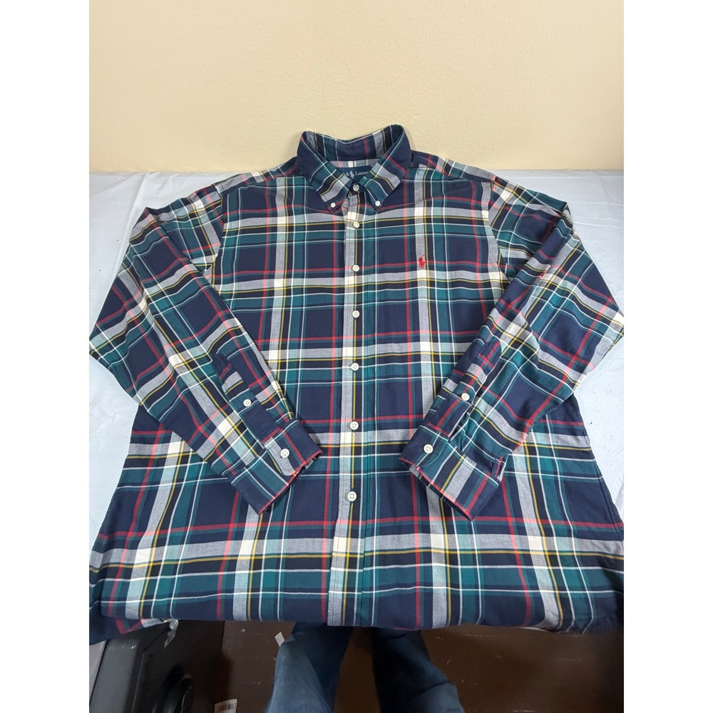 Polo Ralph Lauren Mens XL Classic Fit Plaid Button Down‎ Shirt Navy Green Red
